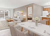Thumbnail 1 of 14 - a living room and dining room with a white table and chairs