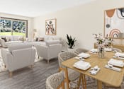Thumbnail 2 of 18 - a living room and dining room with couches and chairs and a table