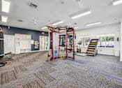 Thumbnail 20 of 32 - A gym with a punching bag, weights, and a pull up bar.