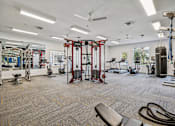 Thumbnail 19 of 32 - A gym with a variety of equipment including a squat rack, bench, and ropes.