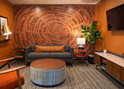 Thumbnail 39 of 40 - a living room with orange walls and a gray couch