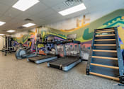 Thumbnail 30 of 53 - A gym with treadmills, weights, and a wall mural.