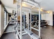 Thumbnail 13 of 27 - Fitness center with adjustable weight rack, barbell and dumbbell rack, all against mirrored wall