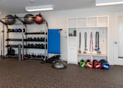 Thumbnail 27 of 27 - a home gym with a lot of equipment and shelving