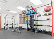 Thumbnail 14 of 29 - the gym with weights and other equipment at the monarch apartments in des plaines