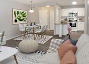Thumbnail 2 of 20 - a living room and dining room with a table and chairs