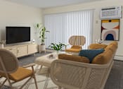 Thumbnail 2 of 23 - a living room with a couch and chairs and a television