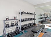 Thumbnail 28 of 34 - A gym with a bench, weights, and a mirror.