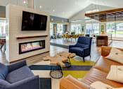 Thumbnail 14 of 29 - a living room with couches and chairs and a fireplace