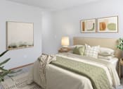 Thumbnail 6 of 34 - A bedroom with a large bed and a painting on the wall.