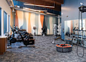 Thumbnail 14 of 28 - a gym with exercise equipment and a tire on the floor at The Bosk Apartment Homes, Woodbury