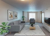 Thumbnail 3 of 12 - Furnished living room with sofa, television and windows for natural light