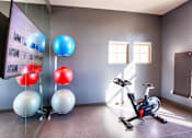 Thumbnail 19 of 24 - Yoga Studio with Mirror Wall, Stationary Bike and Large TV