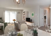 Thumbnail 4 of 28 - Set Kitchen Table Open to Furnished Living Room with Sliding Glass Door and TV