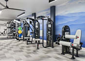 Thumbnail 17 of 55 - A gym with a variety of equipment including a leg press machine, a chest press machine, and a rowing machine.