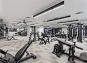 Thumbnail 9 of 55 - A spacious gym with a variety of equipment including treadmills, weights, and exercise machines.