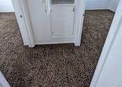 Thumbnail 4 of 14 - A white cabinet with shelves is in a room with carpeted floor.
