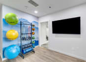 Thumbnail 20 of 51 - a workout room with weights and a tv on the wall