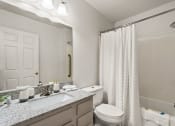 Thumbnail 14 of 45 - a bathroom with a shower toilet and sink and a mirror