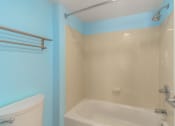 Thumbnail 102 of 108 - a bathroom with blue walls and a white toilet and shower