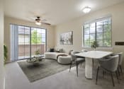 Thumbnail 17 of 46 - a living room with a couch a table and a ceiling fan at Siena Villas Apartments, Orem, 84097