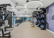 Thumbnail 37 of 84 - a gym with weights and cardio equipment and a ceiling fan at The Revival, Salt Lake City Utah