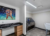 Thumbnail 69 of 136 - a kitchen with a sink and a painting of a dog at The Flats at Riverwoods, Provo, Utah