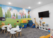 Thumbnail 67 of 136 - a room with a mural on the wall and a table and chairs in front of it at The Flats at Riverwoods, Provo