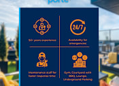 Thumbnail 1 of 22 - A blue poster advertises the benefits of renting with Porte, including 50 years of experience, 24/7 availability for emergencies, maintenance staff for faster response time, and amenities like a gym, cour