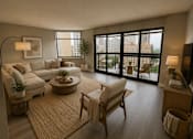 Thumbnail 1 of 17 - A living room with a large window overlooking a cityscape.