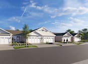 Thumbnail 8 of 8 - A row of houses with garages are shown in front of a blue sky.