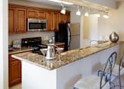 Thumbnail 5 of 49 - A kitchen with granite countertops and a black refrigerator.