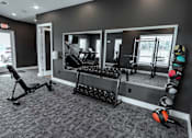Thumbnail 17 of 29 - A gym with a variety of equipment including a squat rack, dumbbells, and a bench press.