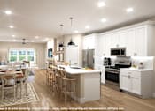 Thumbnail 1 of 8 - A modern kitchen with a dining table and chairs.