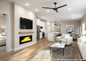 Thumbnail 2 of 8 - A modern living room with a fireplace and a flat screen TV mounted on the wall.