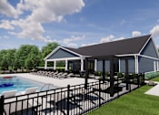 Thumbnail 14 of 19 - A blue house with a pool in the backyard.