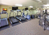Thumbnail 10 of 13 - A gym with treadmills, elliptical machines, and a fan.