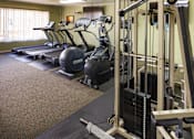 Thumbnail 9 of 13 - A gym with treadmills and weight machines.