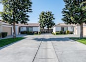 Thumbnail 7 of 15 - a street with houses and trees and a cement driveway