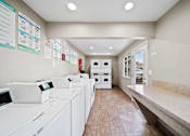Thumbnail 11 of 12 - A laundromat with washers and dryers lined up.