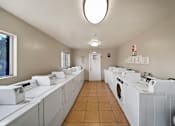 Thumbnail 7 of 8 - A laundromat with rows of washers and dryers.