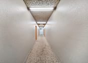 Thumbnail 9 of 9 - A long, narrow hallway with a carpeted floor and white walls.