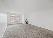 Thumbnail 5 of 13 - A room with a grey carpet and a window with blinds.