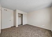 Thumbnail 3 of 11 - A room with a carpeted floor and a closet with a door open.