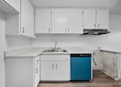 Thumbnail 12 of 16 - A kitchen with white cabinets and a blue dishwasher.