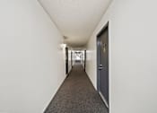 Thumbnail 15 of 15 - A long hallway with a carpeted floor and white walls.
