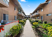 Thumbnail 7 of 13 - A sunny day in a residential area with apartment buildings on either side of a walkway.