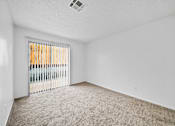 Thumbnail 4 of 11 - A room with a carpeted floor and a window with blinds.