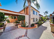 Thumbnail 5 of 70 - A palm tree stands in front of a house with a red brick border.