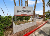 Thumbnail 7 of 21 - A sign for Las Palomas Apartments stands in front of a row of palm trees.